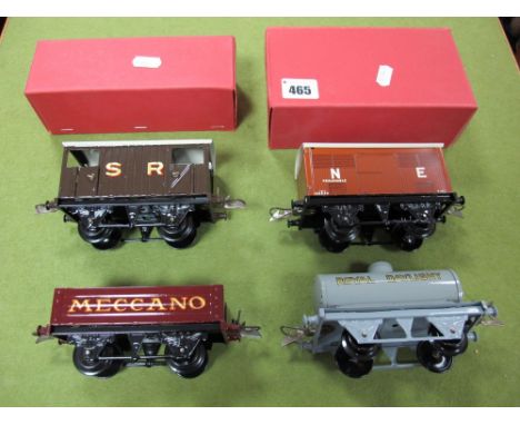 Four Pre-War Hornby 'O' Gauge Four Wheel Wagons, a 'Meccano' truck/ S R brake van/ grey 'Royal Daylight' and N E perishable, 