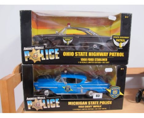 Two Window Boxed ERTL American Muscle, 1:18th scale diecast Police Cars, #32819 Michigan State Police 1958 Chevy Impala, #328