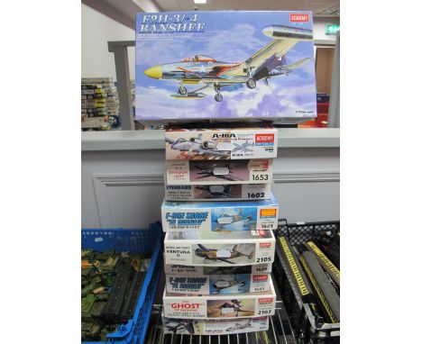 Ten Boxed Academy 1:72nd Scale Plastic Aircraft Kits, F-8P Crusader, Lockheed F-117 'Ghost of Baghdad', F86E Sabre 'El Diablo