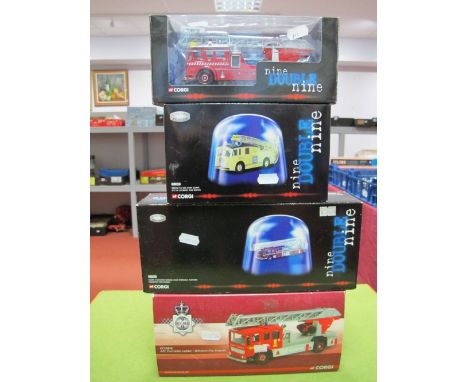 Four Boxed Corgi Diecast 1:50 Scale 'Nine Double Nine' Fire Service Vehicles'. # cc13003 Dennis F125/Simon Snorkel SS263 Hydr