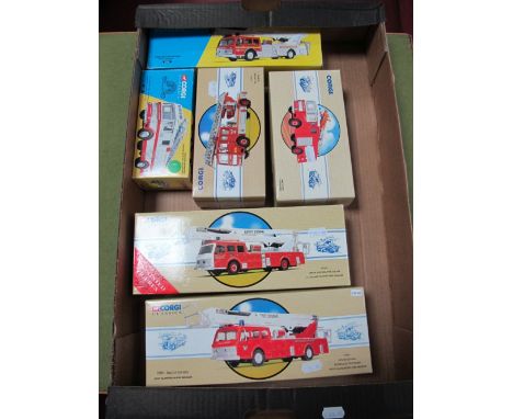 Six Boxed Corgi Diecast Fire Service Vehicles, # 32001 Cheshire Fire Brigade - Simon Snorkel, # 21901 St Helen's Fire Brigade