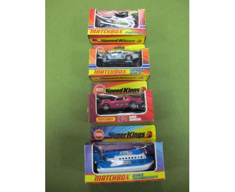 Four Window Boxed Matchbox Diecast Vehicles Circa 1973-1975, Superkings #K-22 SRN6 Hovercraft, Speedkings #K-50 Streetrod, Sp