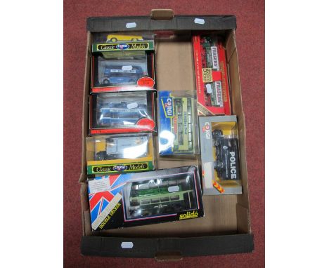 Eight Window Boxed Diecast Vehicles, of varying scales and manufacturers including Solido Double Decker Bus modified by Louai