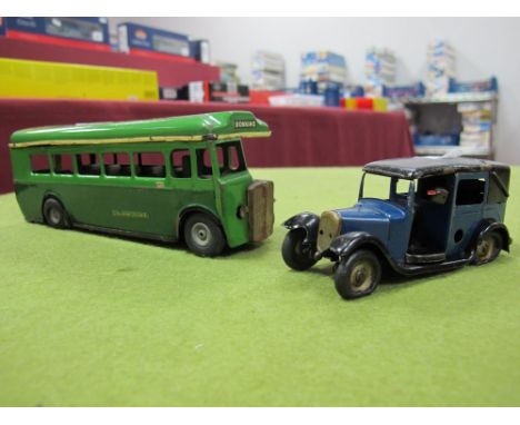 Two Post War Minic Tinplate Vehicles. A35M Taxi and 52M green line single decker bus. Both playworn. 