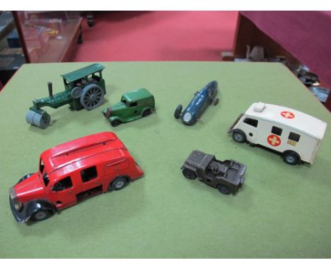 Six Post War Minic Tinplate Vehicles, including 75M ambulance (doors detached). All playworn. 