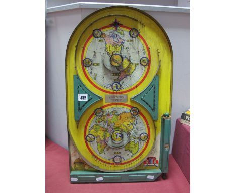 A 1950's American "Linstrom Gold" Tin Bagatelle. Based on a map of the world and transport instructions. 