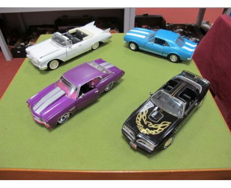 Four 1:18th Scale Diecast Vehicles, Maisto 1971 Chevrolet Chevelle, road signature 1967 Chevrolet Camaro 228, ERTL 1977 Ponti