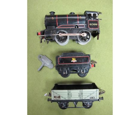 A Post War Hornby Clockwork O Gauge Type 50 0-4-0 Locomotive, #60199 with tender in BR lined black and open plank wagon, play