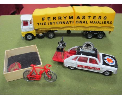 Two Original Corgi Diecast Vehicles. A Ferrymasters Scammel and trailer and a Tour De France Renault 16 film crew. Bike missi