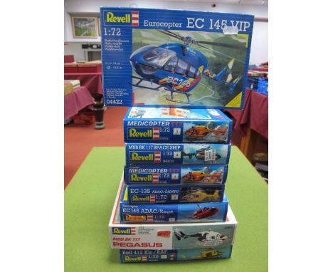 Eight Boxed 1:72nd Scale Revell Plastic Civilian Helicopter Kits, #04486 Eurocopter EC145 ADAC/REGA, #04422 Eurocopter EC145V