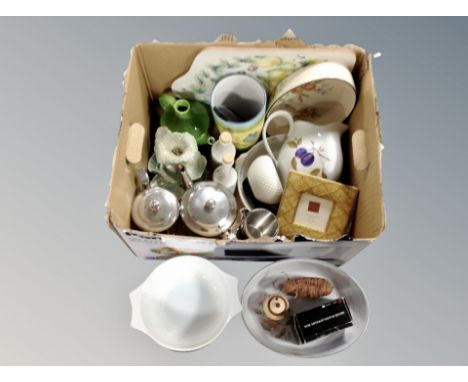 A box of stainless steel tea service, ceramics, Royal Worcester Evesham jug etc 
