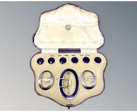 A fine quality cased silver gilt and purple enamel buckle, pair of shoe buckles, and six buttons, Birmingham 1908. 