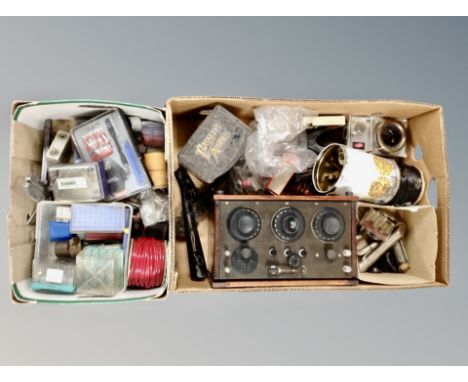 Two boxes containing electrical components, tools, gramophone parts etc 