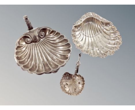Two silver shell dishes and a caddy spoon CONDITION REPORT: 163g gross 