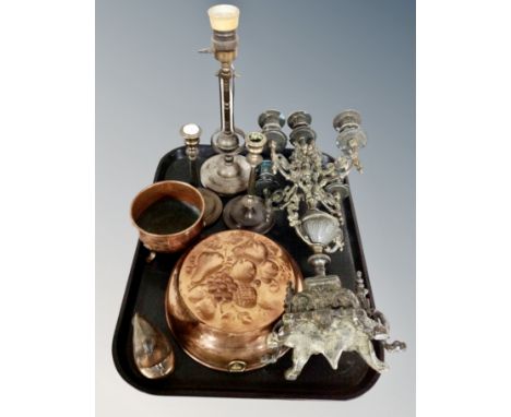 A cast metal five sconce table candelabrum together with a copper jelly mould, further miniature copper cauldron, bird orname