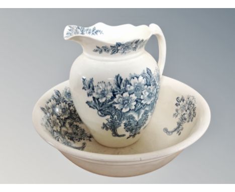 A 19th century transfer printed wash jug and basin 