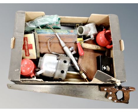 A box of Spong slicer, Disston hand saw, tools etc 