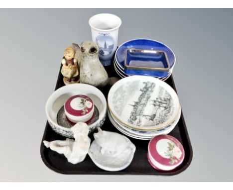 A tray of continental ceramics including Danish blue and white plates, shallow dish, vase, Goebel figure etc 