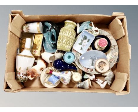 A box of ceramics, Royal Copenhagen dishes, Poole dolphin, collector's plates etc 