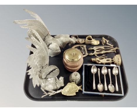 A pair of silver plated pheasant table ornaments, brass items, small copper caddy, tea spoons etc 