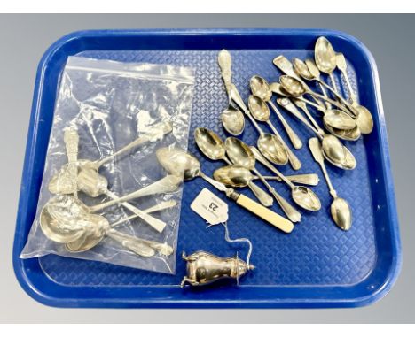A collection of silver and silver plated cutlery, Mappin pepper pot, antique and later cutlery, Silver Masonic spoon, silver 