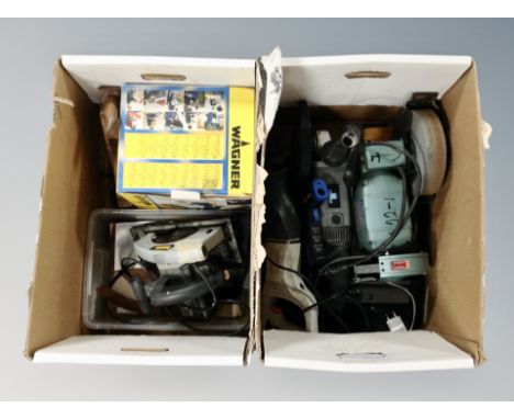 Two boxes of assorted power tools, circular saw, bench grinder, angle grinder etc (Continental plugs)