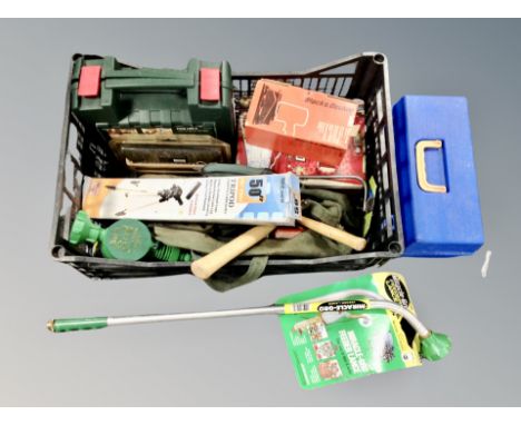 A box of tools, Bosch sander, garden tools, blow torch etc 