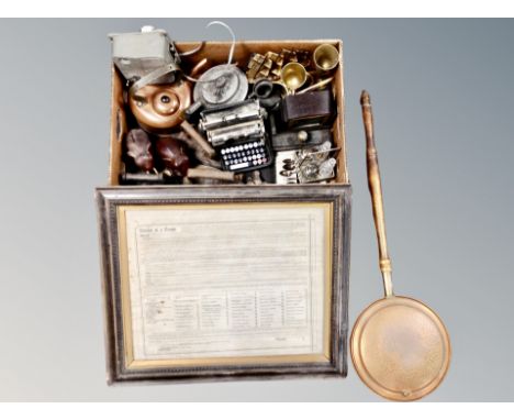 A box of plated cruet set, irons, copper kettle, mantle clock, pewter teapot, framed treaty 