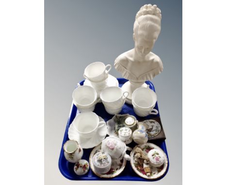 A tray of cabinet china including Royal Albert Old Country Roses, miniature mantel clock, bust of a lady, Wedgwood bone tea c