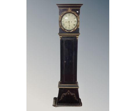 A Scandinavian painted and gilt longcase clock with pendulum and weights 