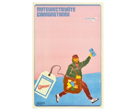 Original vintage travel advertising poster for Aeroflot featuring a great image of a smiling man running below a plane and ho