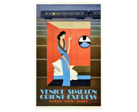 Original vintage railway travel advertising poster for the Venice Simplon Orient Express London Paris Milano Venezia featurin