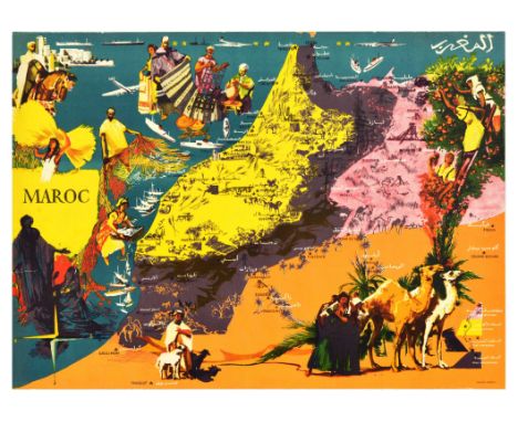 Original vintage travel advertising poster for Maroc / Morocco, featuring a colourful map of Morocco marking major cities, wi