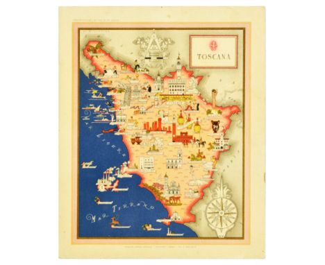 Original vintage travel advertising poster for Toscana / Tuscany featuring an illustrated map with a compass, castles, cathed