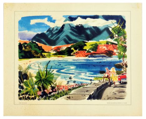 Original vintage travel advertising poster Kauki Wai Hawaii by United Air Lines, the poster features colourful illustration b