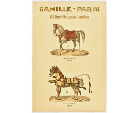 Original antique advertising poster for a French manufacturer of horse harnesses and saddles Camille - Paris at 24 Rue Chatea
