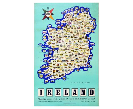 Original vintage travel map poster for Ireland - Showing some of the places of scenic and historic interest. The pictorial ma