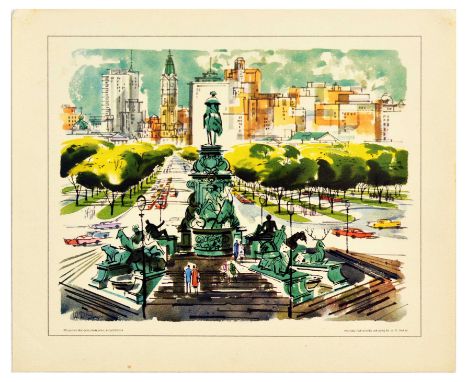 Original vintage travel advertising poster Benjamin Franklin Parkway Philadelphia by United Air Lines, the poster features co