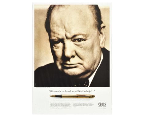 Original vintage advertising poster featuring a photograph of Winston Churchill, with an image of a golden pen below, caption