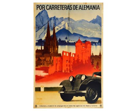 Original vintage travel poster promoting  Motoring in Germany / Por Carreteras De Alemania featuring a great illustration by 