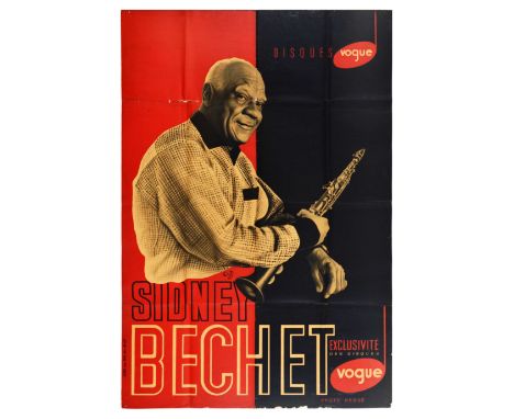 Original vintage jazz music advertising poster for a Sidney Bechet exclusive record rleased with Vogue. Design features Sidne