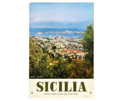 Original vintage travel advertising poster for Sicilia featuring a bird view photograph of Messina with red roofs, and the Me