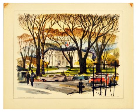Original vintage travel advertising poster The White House Washington D.C. by United Air Lines, the poster features colourful