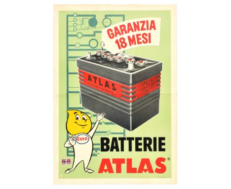 Original vintage advertising poster for Atlas battery featuring a fun illustration of an Esso oil drop character pointing at 