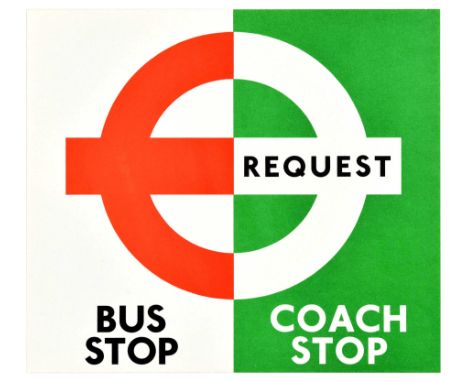 Original vintage London Transport travel poster Bus Stop Coach Stop Request, featuring a minimalist design of red and white T