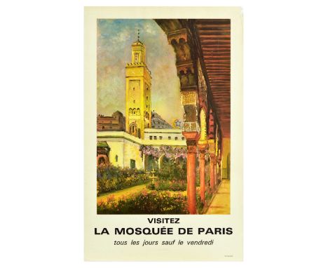 Original vintage travel advertising poster Visit the Mosque of Paris every day except Friday / Visitez la Mosquee de Paris to