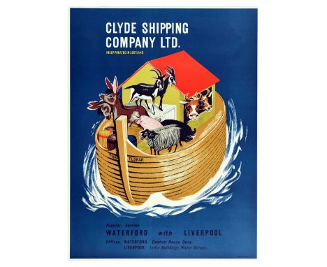 Original vintage advertising poster for Clyde Shipping Company LTD. featuring a creative illustration of Noah's arc named Tus