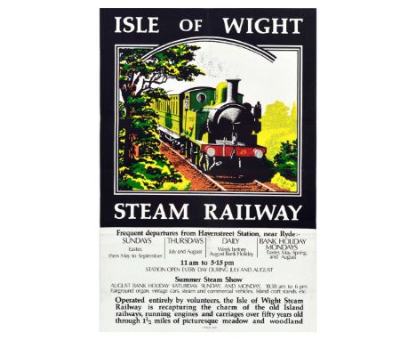 Original vintage travel poster Isle of Wight Steam Railway, featuring a colourful illustration of a steam train on the railwa