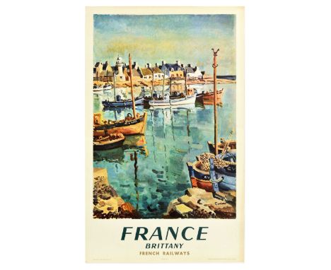 Original vintage travel advertising poster by French Railways – Brittany – featuring a great illustration of boats on calm bl