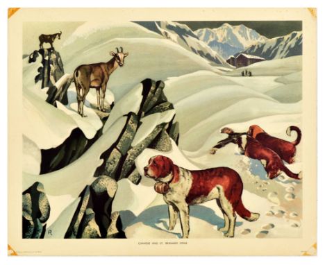 Original vintage poster titled Chamois and St. Bernard Dogs featuring an illustration of two St. Bernard dogs rescuing and wa